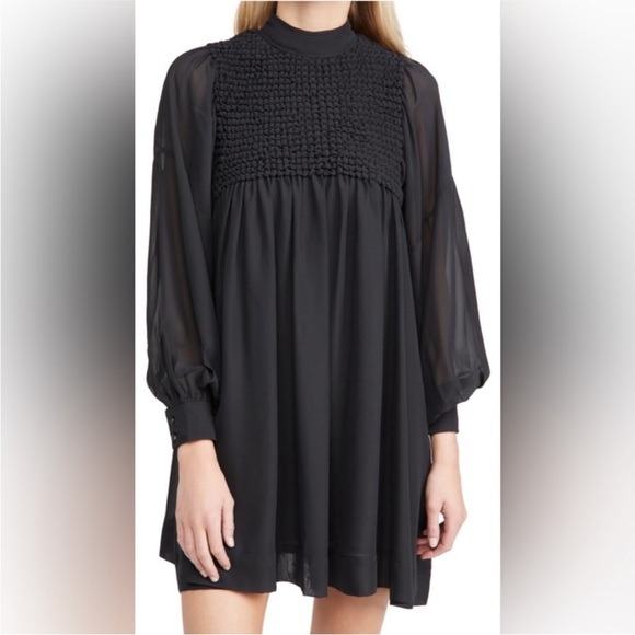 GANNI Women’s Smocked Bib Long Sleeve Chiffon Mini Dress. Black size 42/XL. - Picture 1 of 15